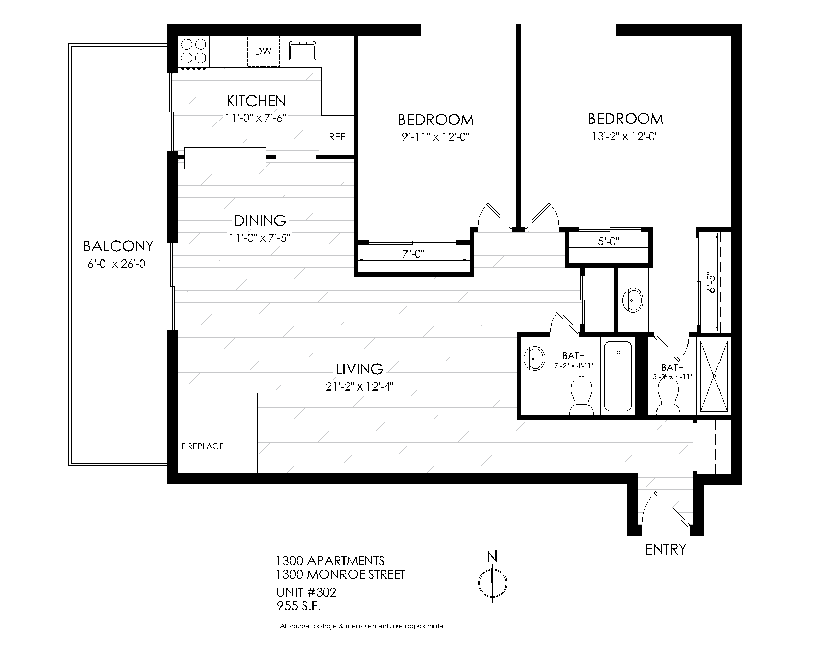 Floor plan for 2 beds, 2 baths, 960 sqft